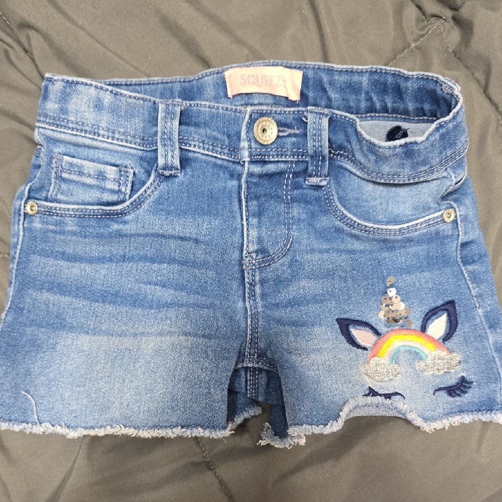 Squeeze Blue Denim Shorts with Rainbow Unicorn Girls 5